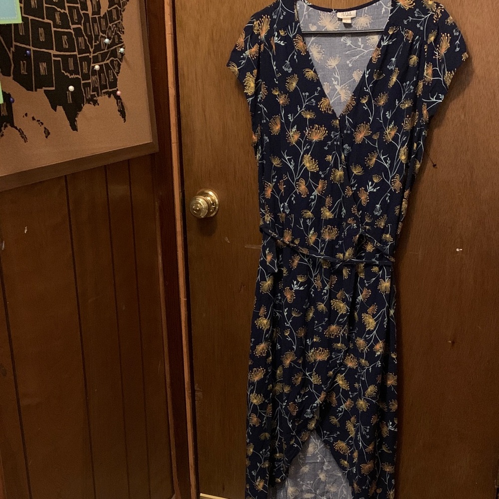 a.n.a Navy Floral High-Low Wrap Dress with Yellow Print